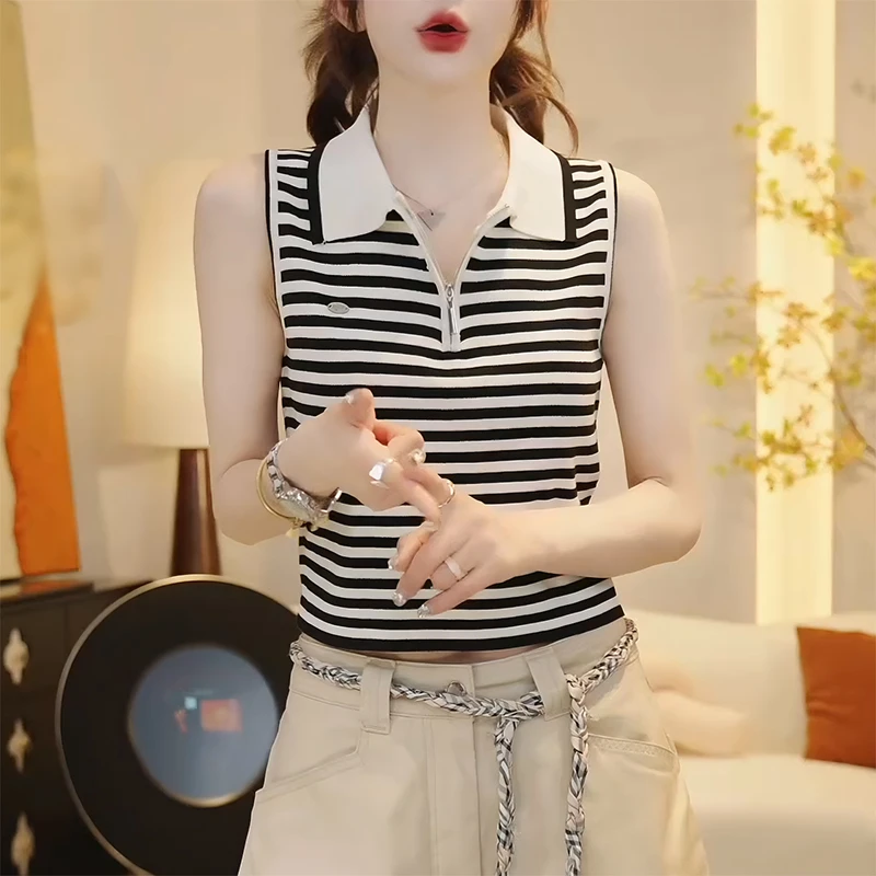 修身显瘦条纹撞色小众无袖T恤女夏季2025新款小个子减龄百搭上衣