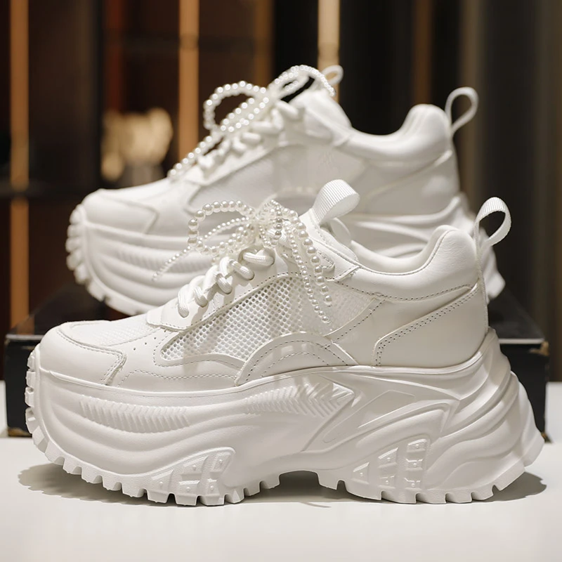 欧洲站2025新款松糕厚底真皮老爹鞋增高8cm休闲网面白色鞋女欧货