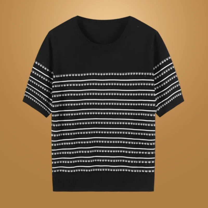 夏季新款薄款短袖女草莓镂空提花圆领短袖T恤显瘦减龄针织打底衣