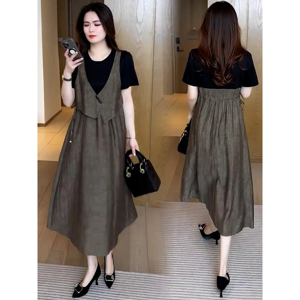 时尚休闲连衣裙女2025夏季新款洋气减龄收腰显瘦拼接假两件连衣裙