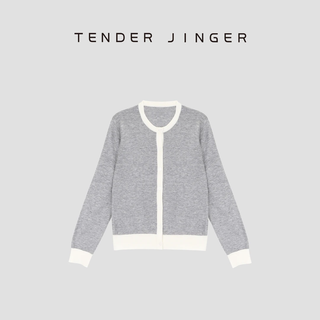 Tender Jinger撞色圆领抽条针织开衫T53BBS30735