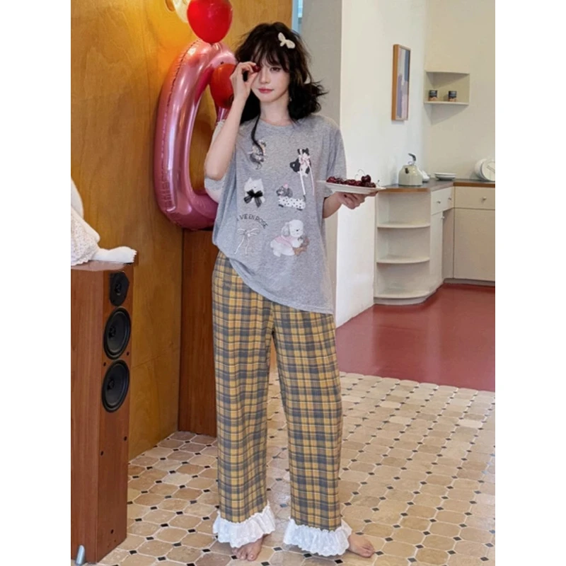 家居服夏季短袖薄款甜美小熊花边卡通狗格子裤半袖睡衣套装女大码