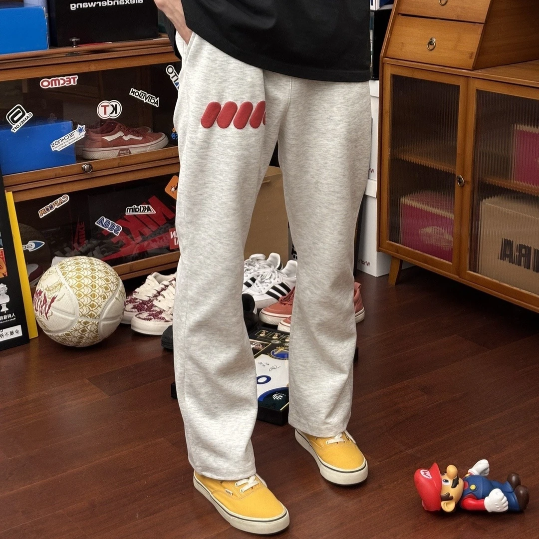 秋冬季加绒白灰色微喇叭卫裤休闲cleanfit立体图标男女显瘦运动裤