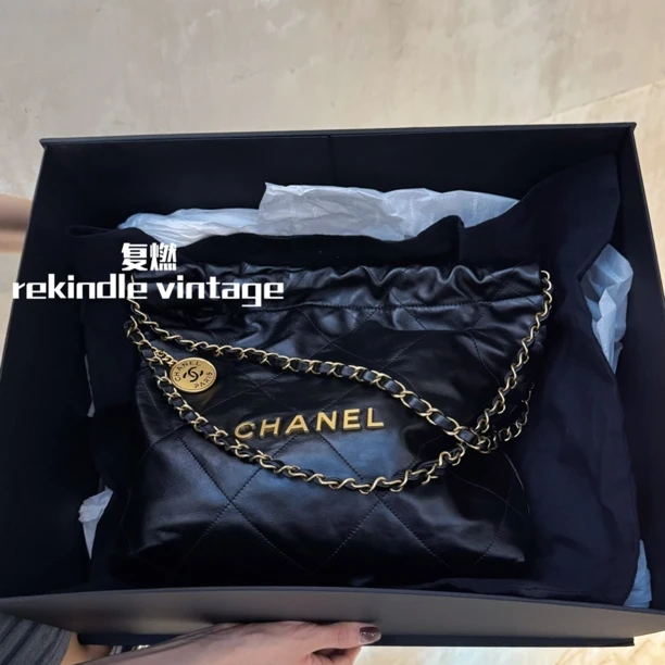 99新 Chanel/香奈儿 复燃精选/黑金22bag小号单肩包全套芯片款