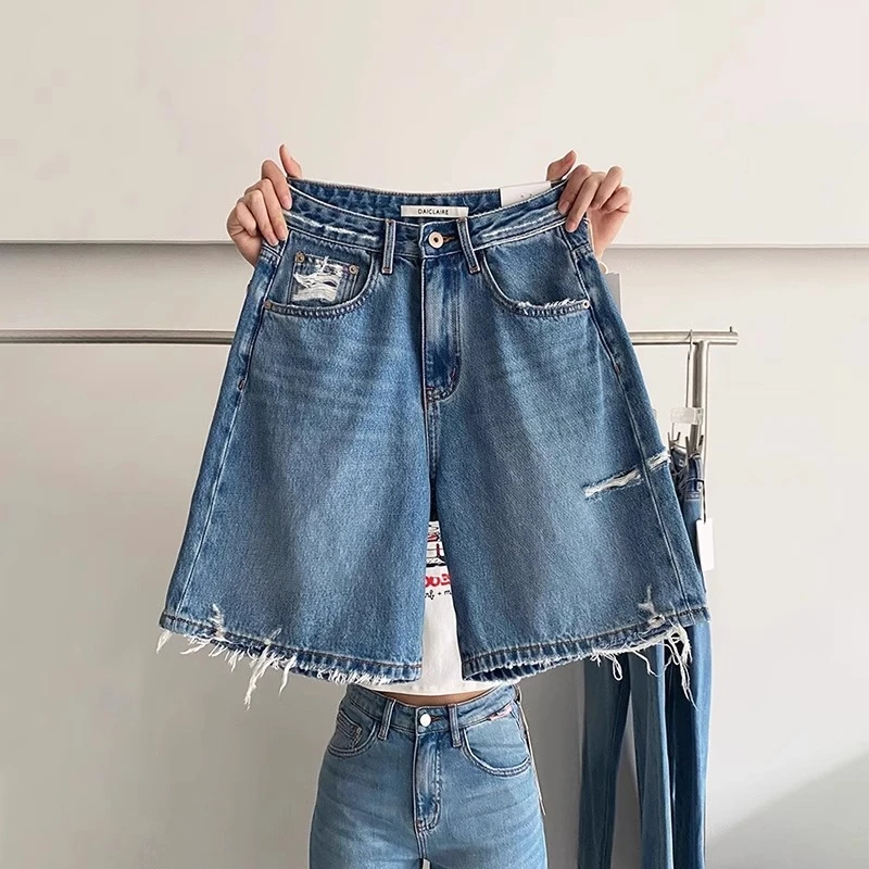 破洞牛仔短裤女夏季薄款宽松大码胖mm显瘦高腰阔腿复古直筒五分裤