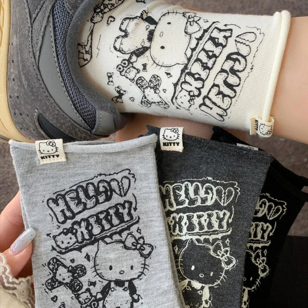 ins风潮春夏款袜子女素描涂鸦hellokitty设计师款卷边甜美日系LW