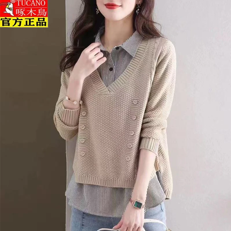 啄木鸟假两件衬衫女春新款设计感小众洋气宽松内搭上衣娃娃领衬衣