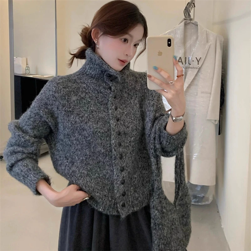 2025韩版ins时尚百搭秋冬加厚慵懒风高领长袖针织开衫毛衣女装