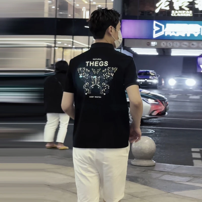 夏季男士短袖polo衫潮青春帅气蝴蝶印花翻领珠地棉短袖T恤男衣服