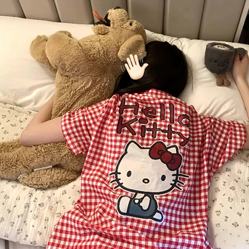 云朵棉韩版kt猫可爱卡通睡衣女夏季新款甜美短袖长裤三件套家居服