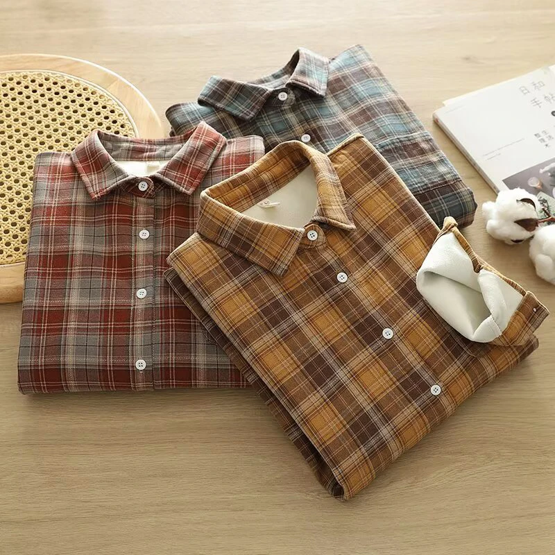 100%棉衬衫秋冬加绒夹棉加厚纯棉衬衫高品质宽松休闲衬衫外套女