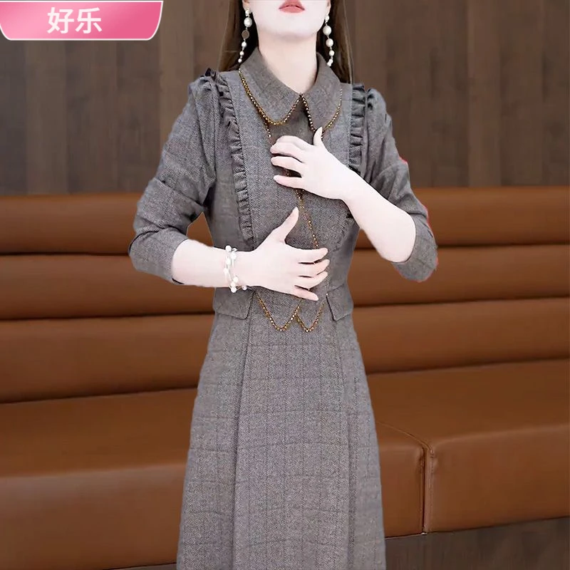 1假两件气质时尚连衣裙女2025年娃娃秋季显瘦新款修身裙子女l