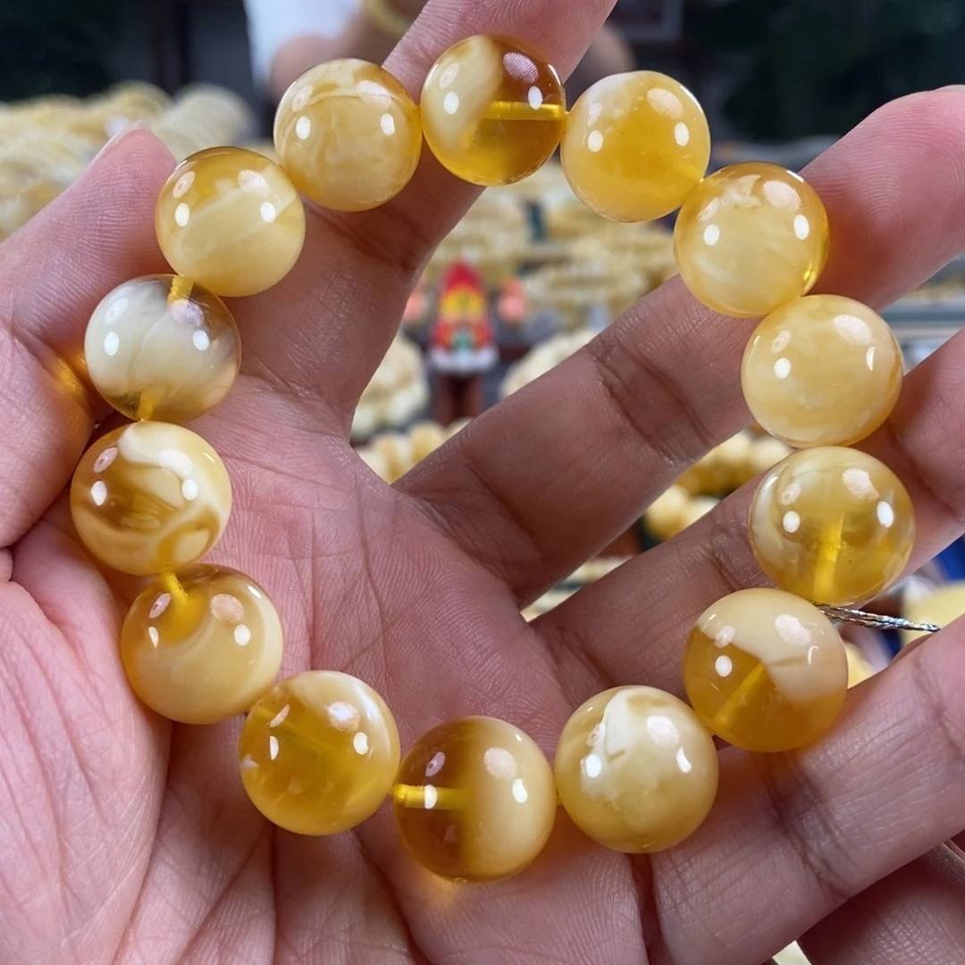 琥珀未镶嵌珠宝奇石15+金白妖花手串31.71