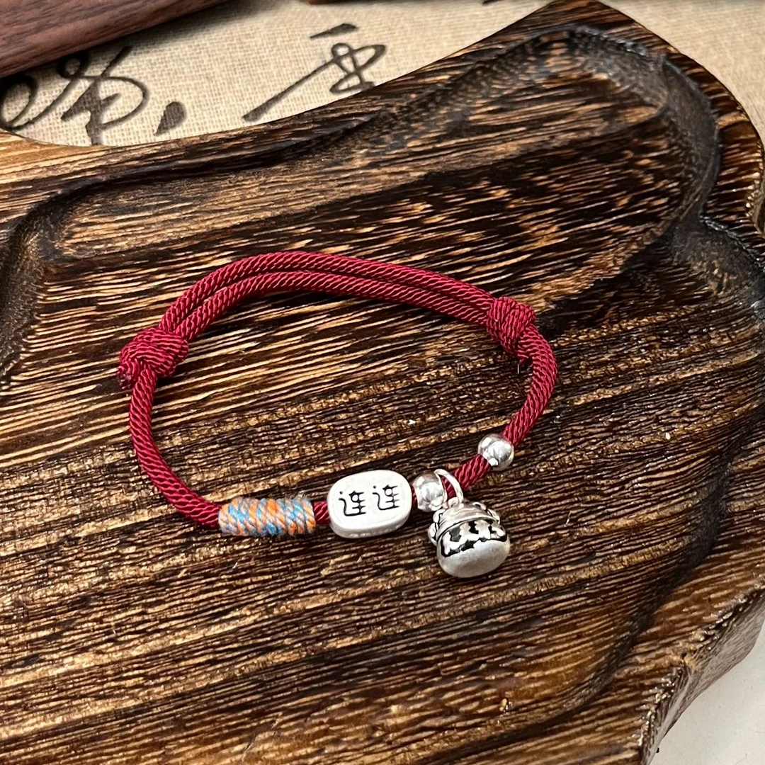 足银手链 实心招财猫好运抽拉可调节时尚百搭红绳