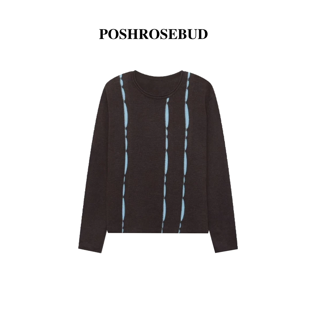 【POSHROSEBUD】高级感长袖圆领不规则撞色针织衫M-3018