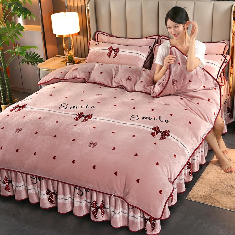 加厚牛奶绒四件套冬季保暖双面绒被套田园简约款防静电床单四件套