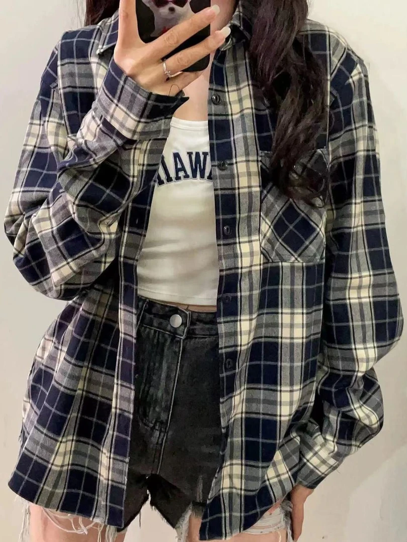 2025春秋新款藏青格纹衬衫女oversize慵懒风休闲情侣衬衣开衫外套