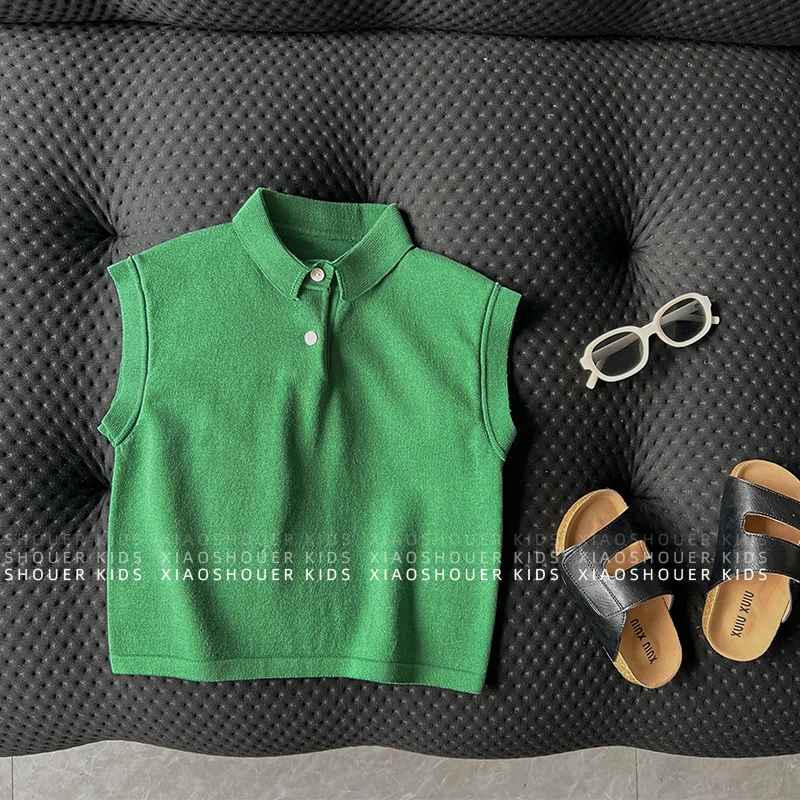 【小首尔】Q现货-男女童韩版简约无袖上衣夏季纯色翻领背心HBB7608