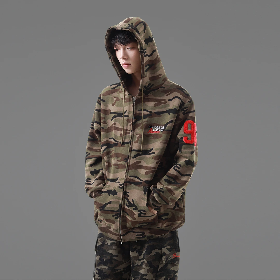 潮街区 美式复古迷彩重磅连帽卫衣男秋冬季新款宽松开衫拉链外套
