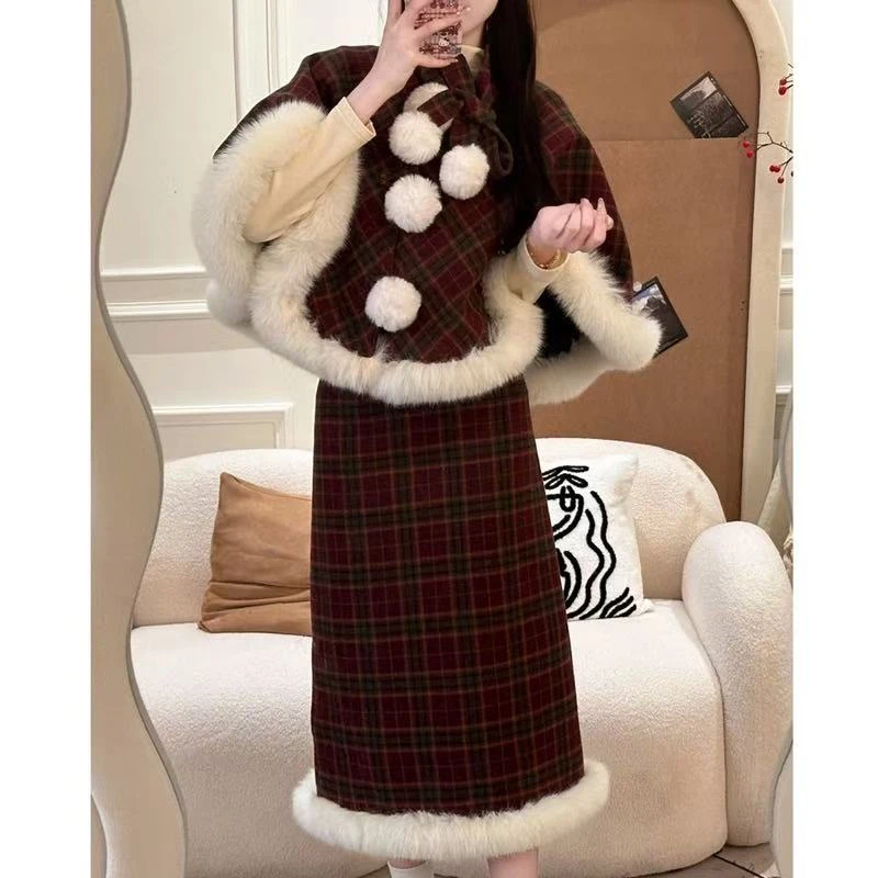 深冬装搭配一整套小香风套装裙格子斗篷外套小洋装两件套女99661