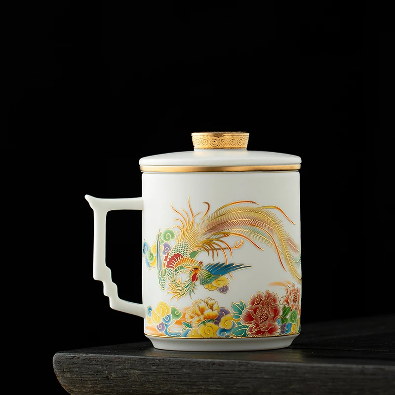 羊脂玉瓷凤凰办公杯茶水分离陶瓷泡茶杯定制喝茶水杯子高档礼盒装