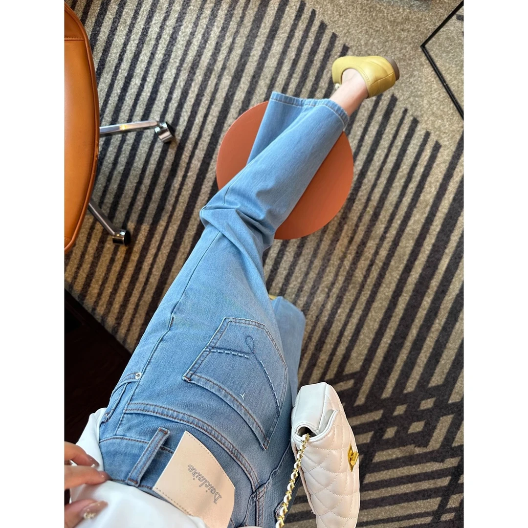 夏季新款蓝色九分直筒牛仔裤女梨形小个子身材高腰显瘦弹力法棍裤