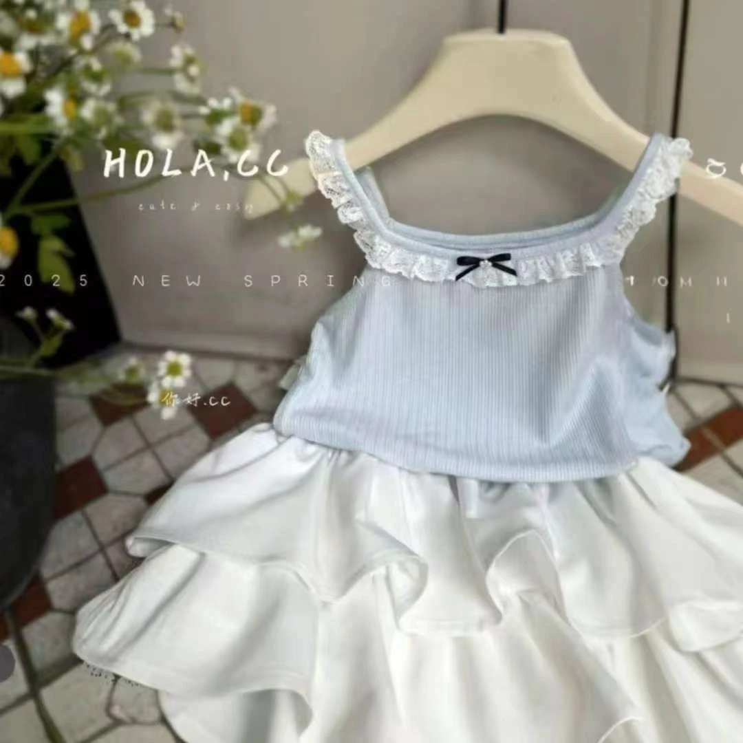 女童套装夏装粉色蕾丝花边小吊带上衣洋气公主风白色短裙蛋糕裙