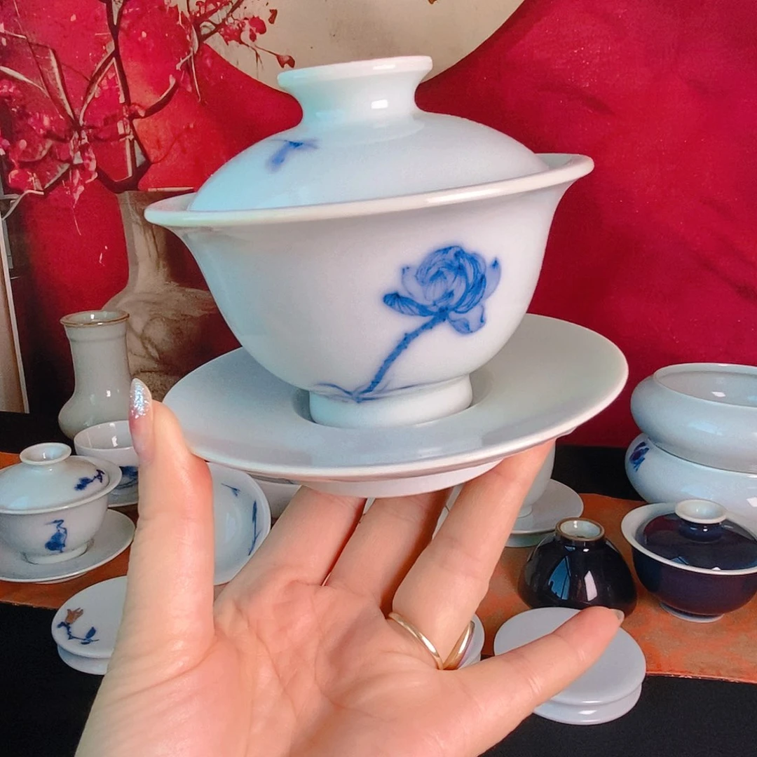 开播宠粉浮力新品玉青釉荷花盖碗