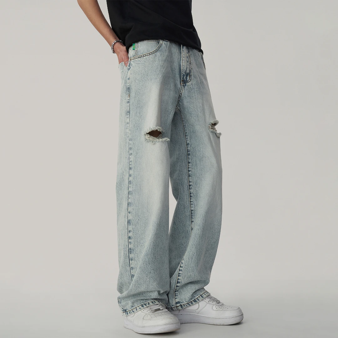 2025年春季美式高街浅色破洞牛仔裤男款cleanfit宽松直筒阔腿裤子