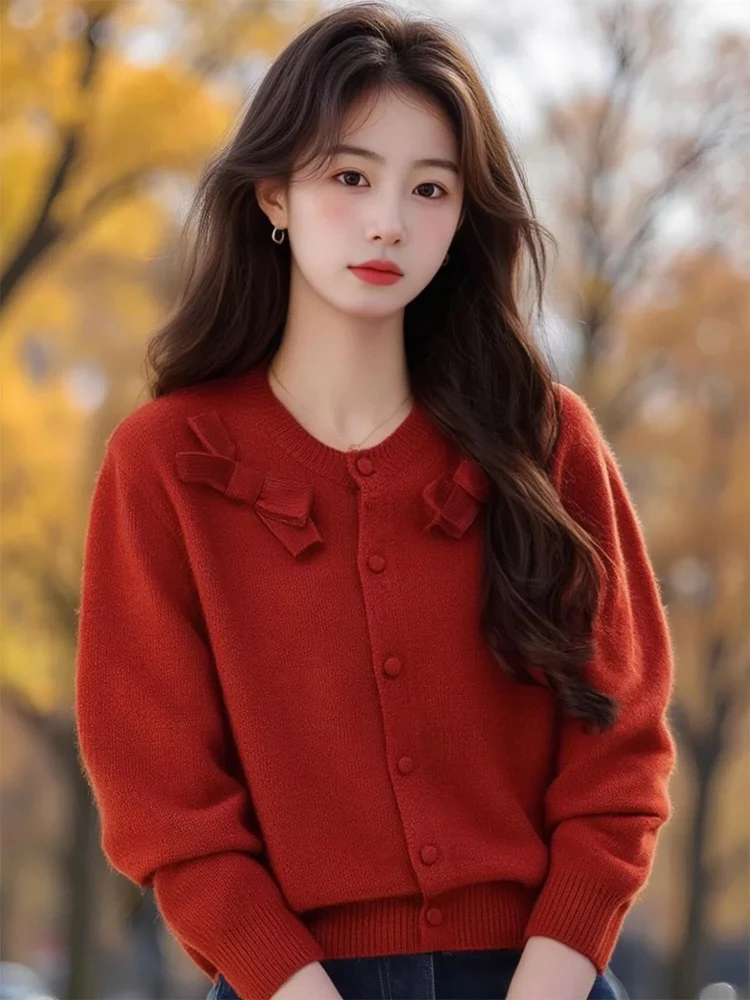 复古蝴蝶结圆领短款长袖小香风红色不褪色百搭法式宽松