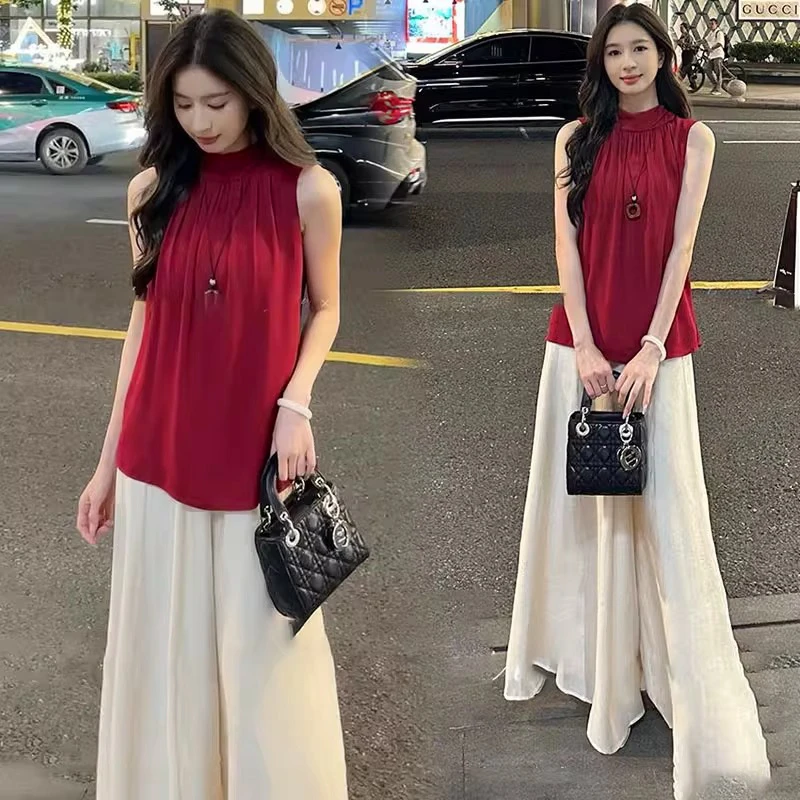 时尚套装女2025夏季新款薄款洋气无袖上衣阔腿裤气质显瘦两件套潮