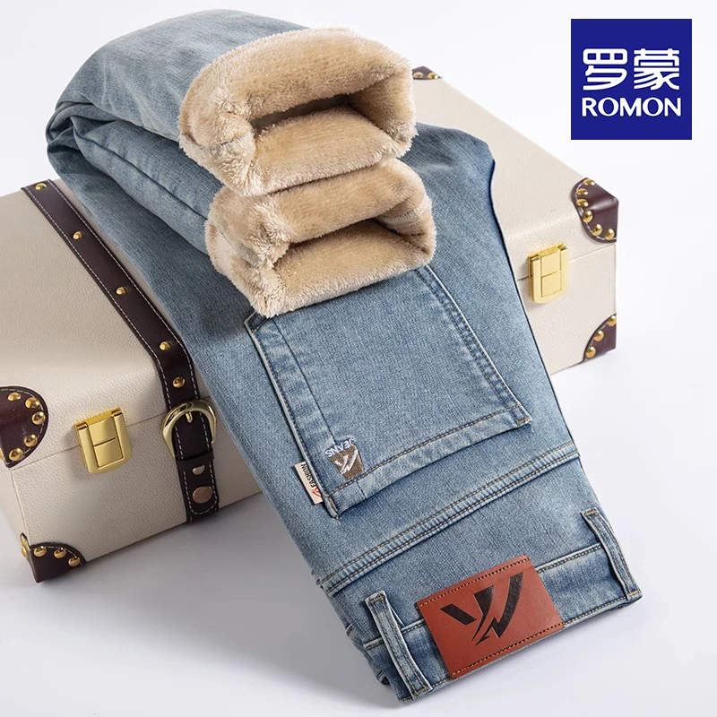 罗蒙加绒加厚牛仔裤男士秋冬季新款直筒修身商务休闲弹力长裤子男