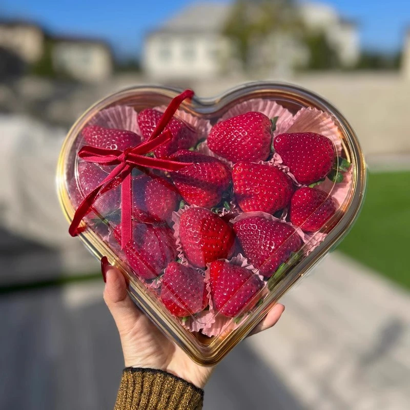 高档金色心形水果打包盒车厘子草莓果切爱心包装盒子塑料透明带盖