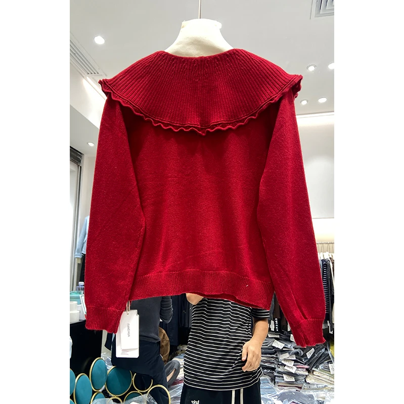2025秋冬款荷叶领系带针织衫女设计感慵懒风休闲上衣内搭打底毛衣