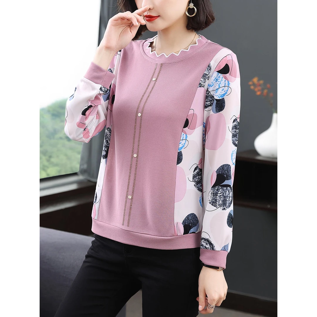 杜拉妮时尚印花拼接长袖T恤女秋装新款宽松显瘦打底衫减龄洋气妈