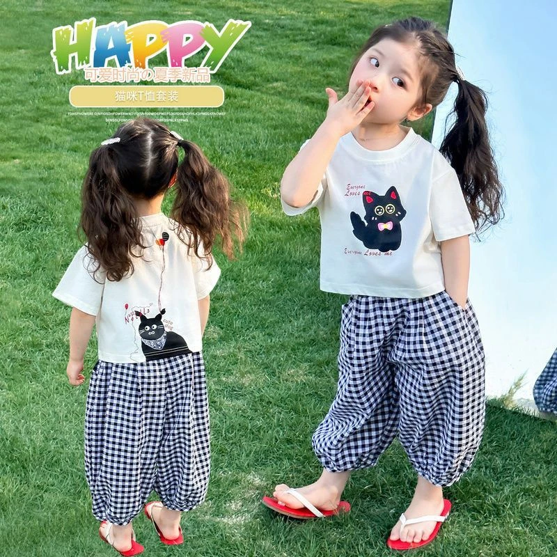 店铺热销【断码】【透气防蚊优】女童夏装套装洋气2025新款黑白格子裤