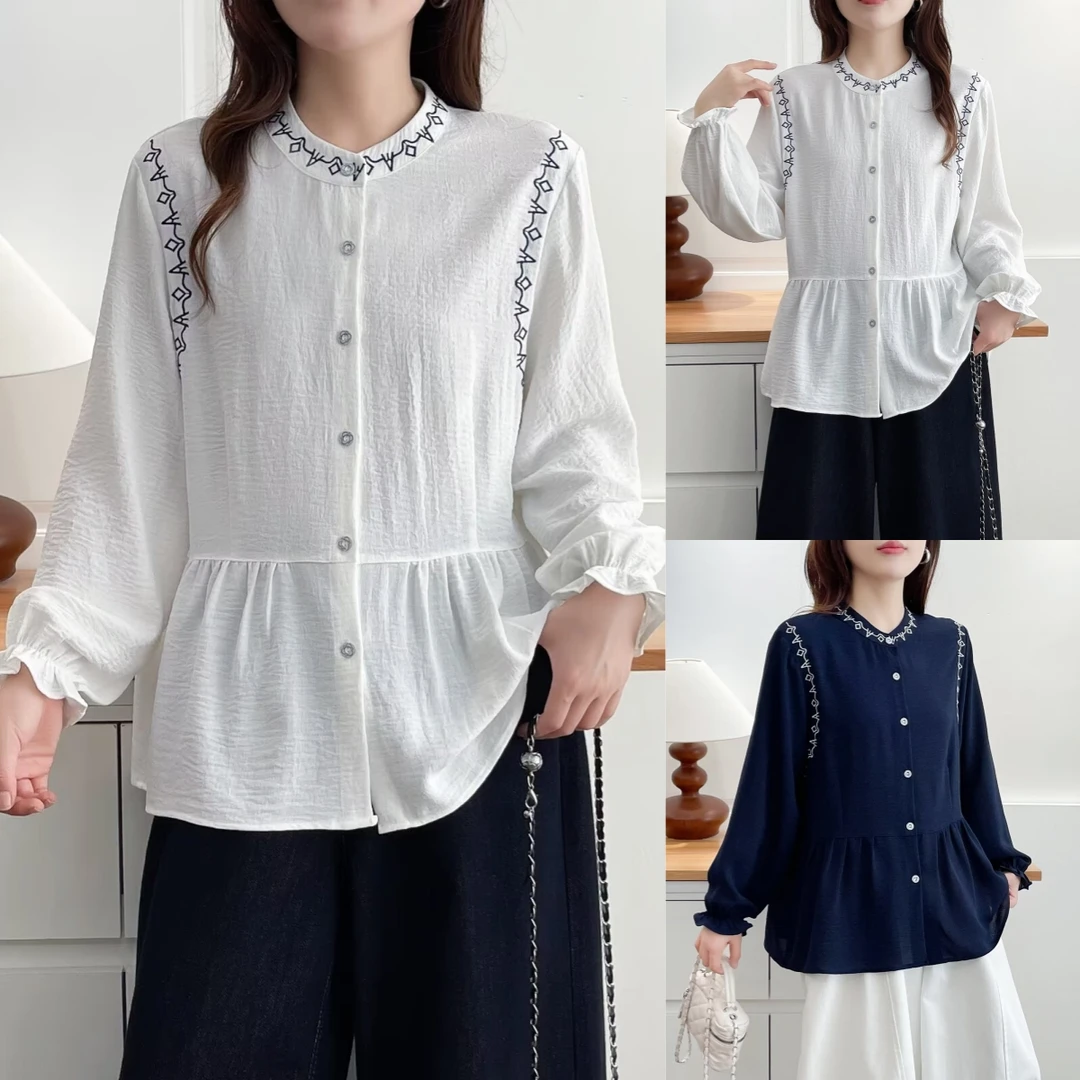 遮肚子显瘦百搭宽松微胖mm圆领大码女装大板型衬衫衬衣娃娃衫新款