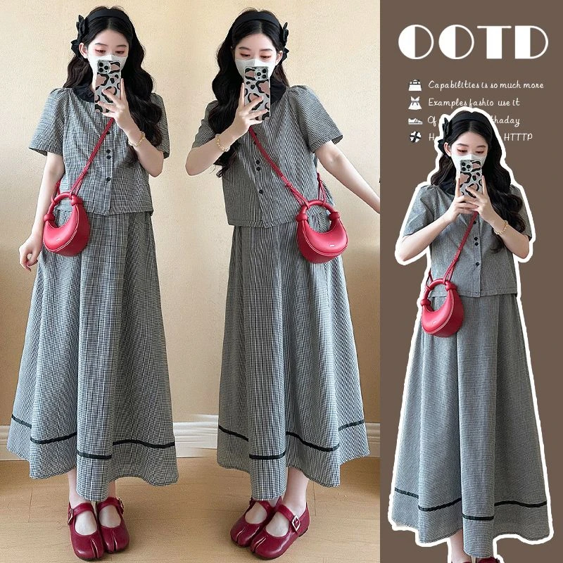 【晚媛若】2025夏季新款孕妇韩版甜美格子短袖上衣抽绳半身裙两件套