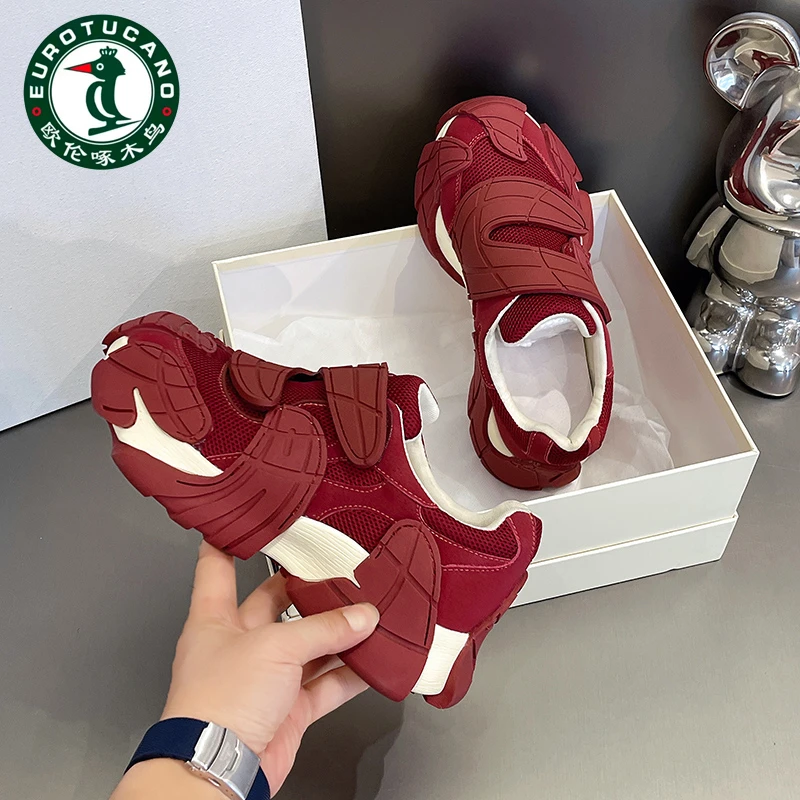 欧伦啄木鸟厚底老爹鞋女2025秋季时尚轻便增高百搭魔术贴休闲女鞋