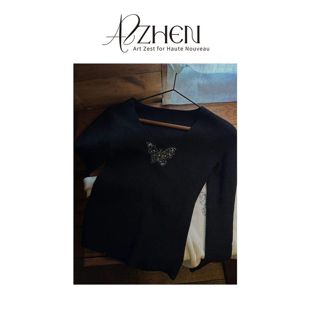 AZZHEN【月光蝶语】百搭羊毛V领领口袖口重工烫钻针织打底AZ5PBT20