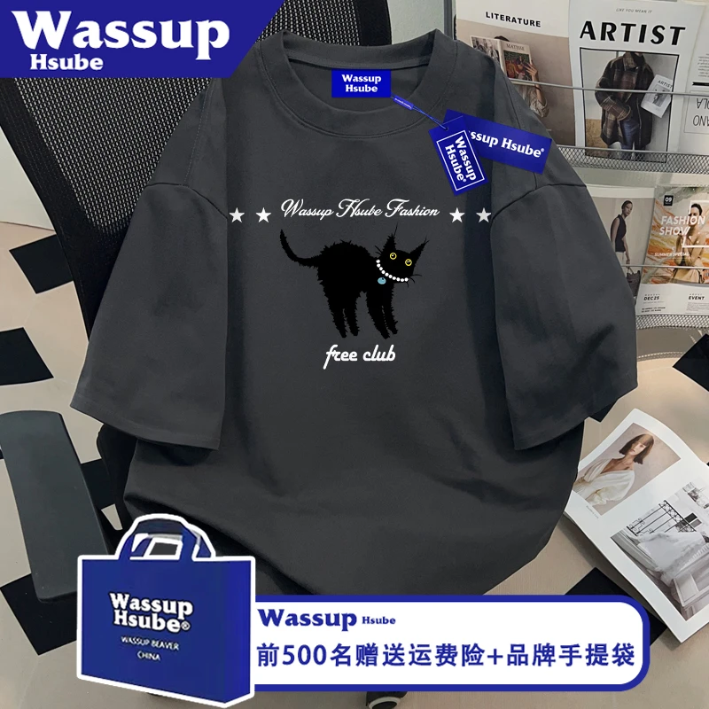 WASSUP HSUBE趣味小猫印花上衣夏季深灰色ins纯棉短袖男女宽松T恤