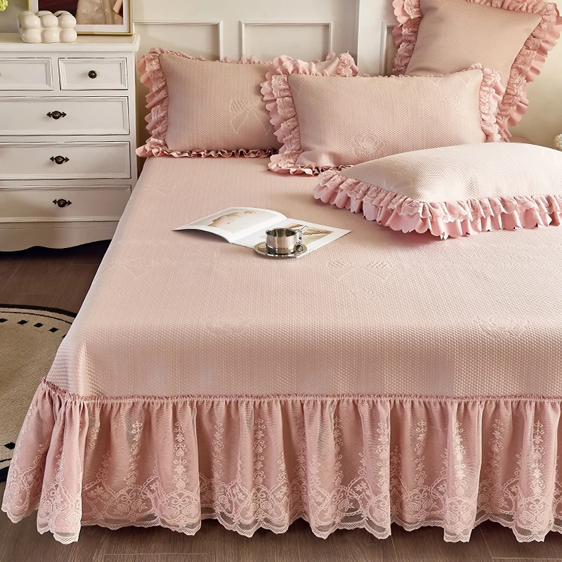 PE凉席蕾丝床裙款三件套家用纯色豆豆凉席好看舒服夏季