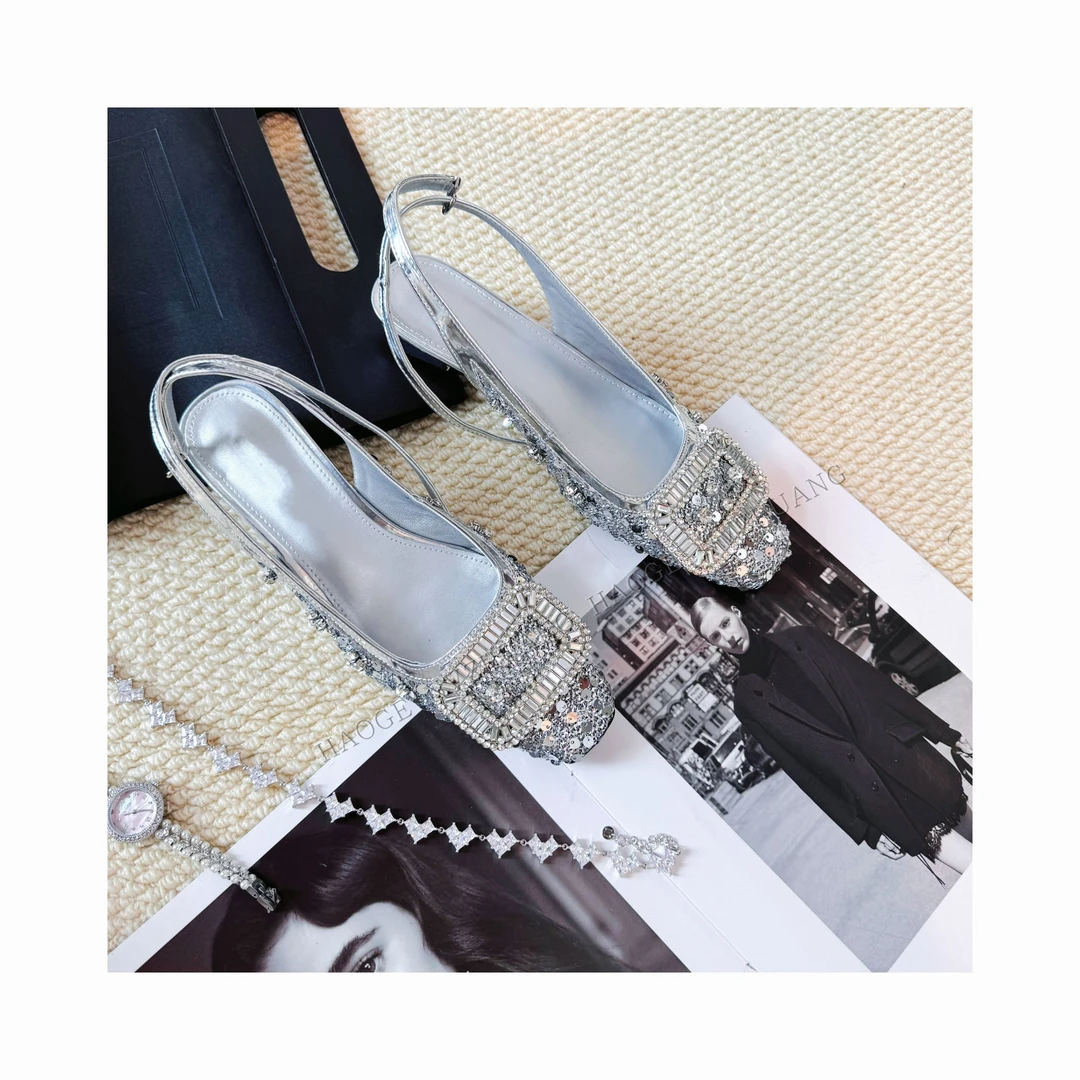 法式银色亮片高跟鞋包头凉鞋仙女风水钻小单鞋