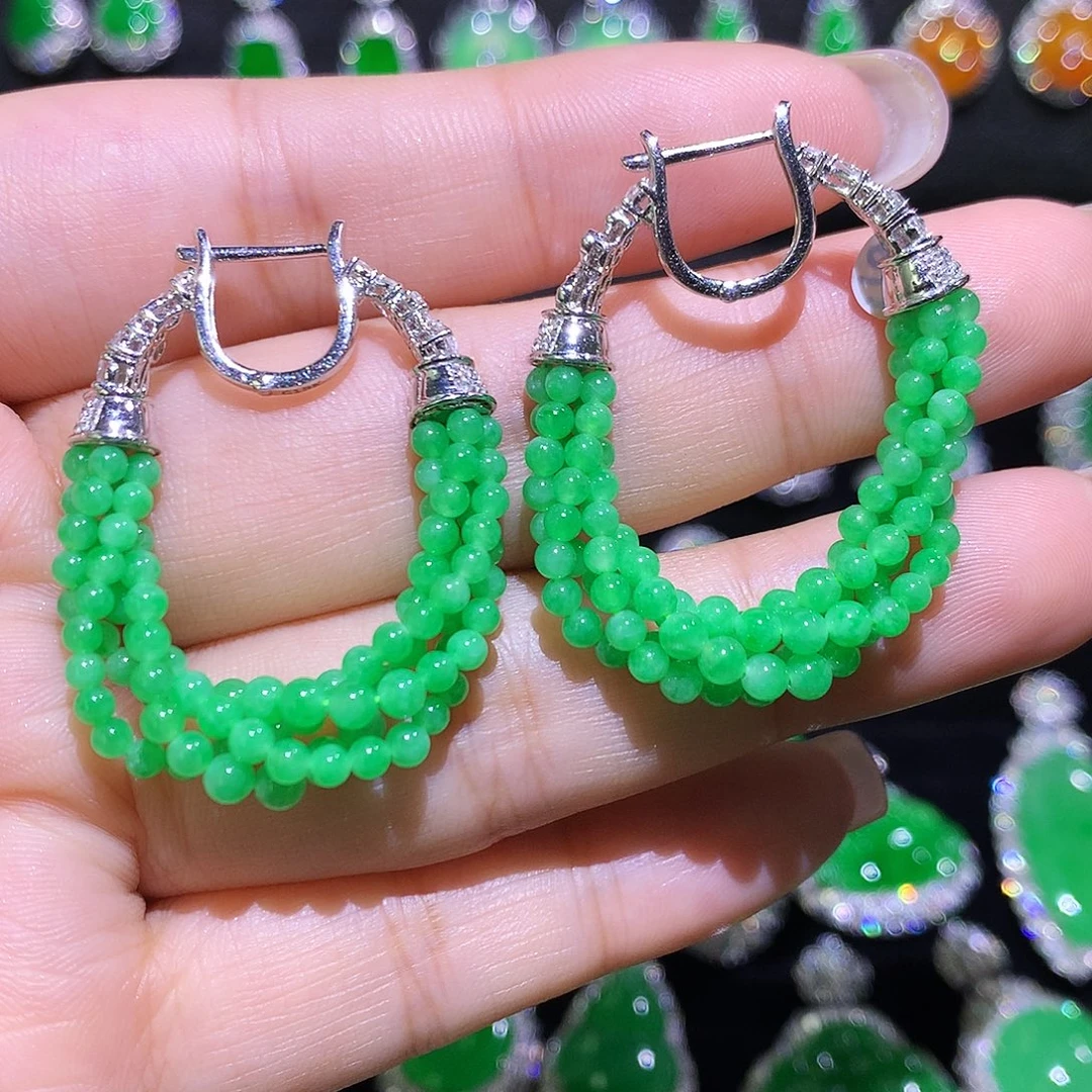 翡翠18K金镶嵌耳饰高冰满绿小米珠