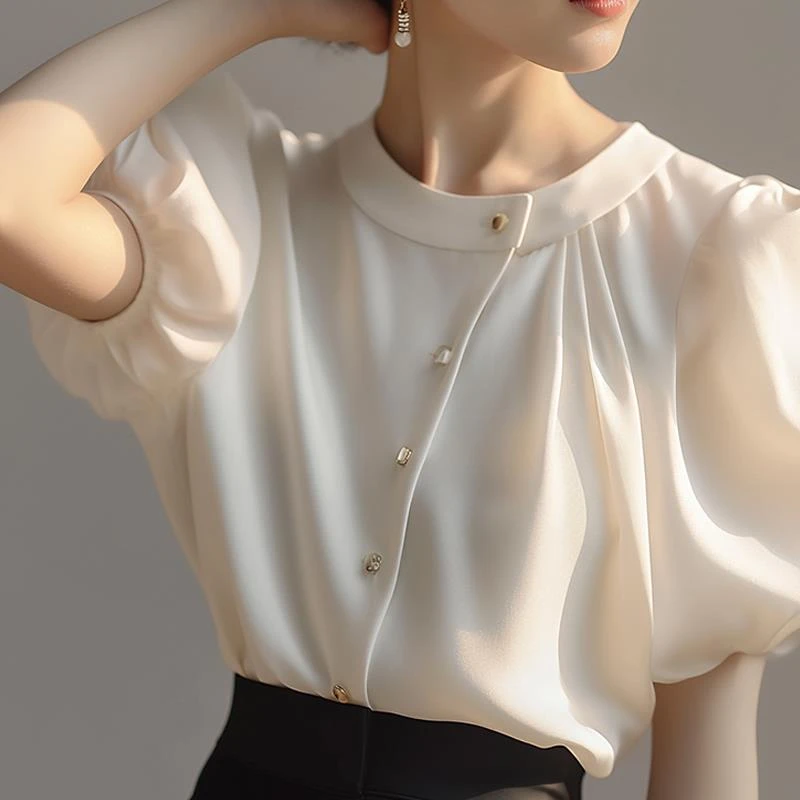 法式气质名媛简约白色圆领泡泡袖衬衫女夏季新款通勤显瘦小众衬衣