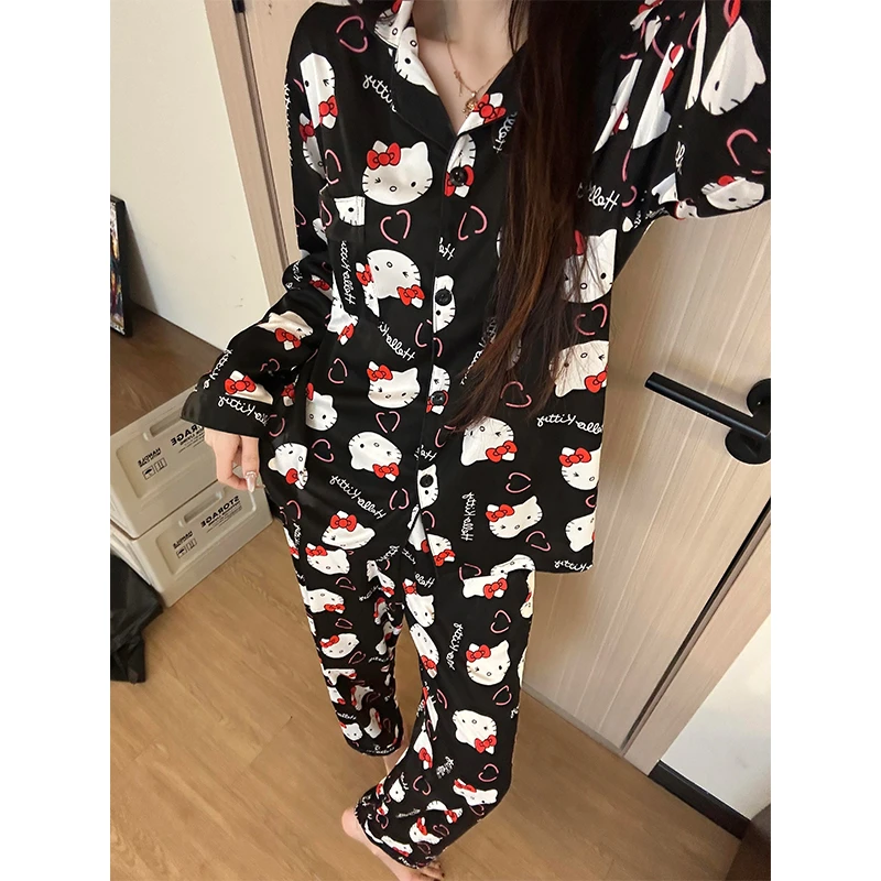 【暗黑凯蒂猫】韩版卡通睡衣女春夏爆款长袖长裤开衫家居服大码套装