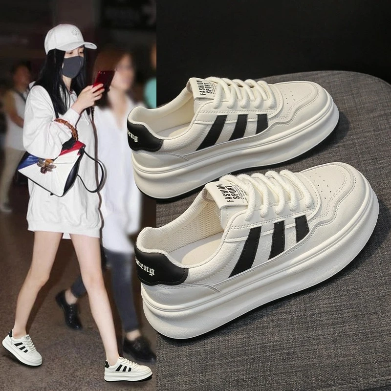 Moleubak踩屎感小白鞋女款2025夏季百搭厚底增高女学生运动板鞋女