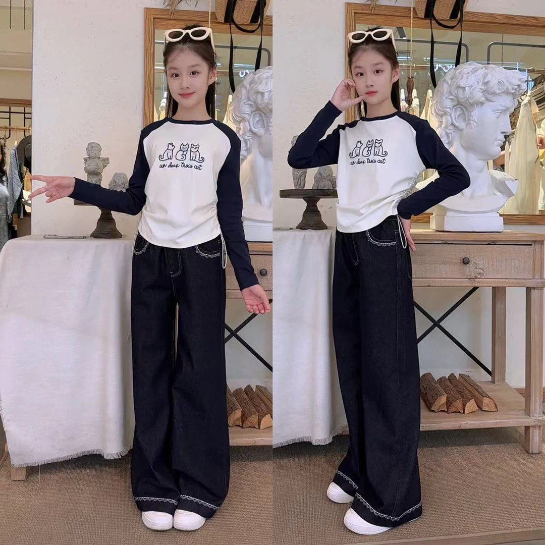 女童春秋款套装中大童拼色卡通长袖上衣花边阔腿裤套装休闲百搭