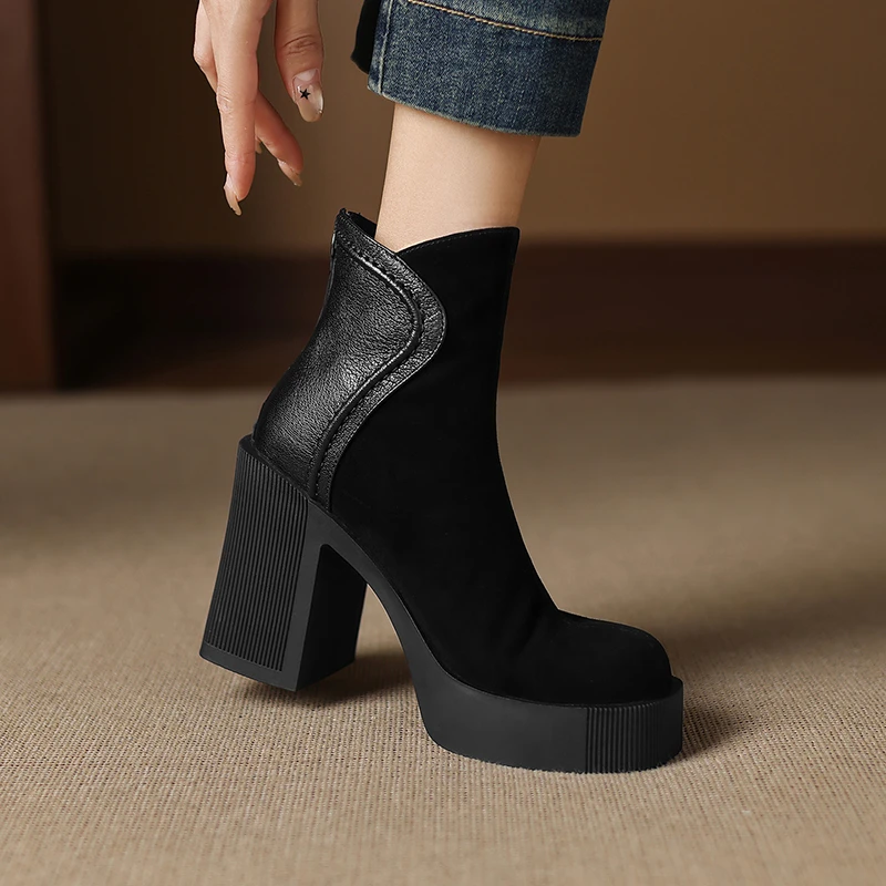 10cm圆头短靴女新款防水台粗跟女靴简约高跟拉链时装靴真皮瘦瘦靴