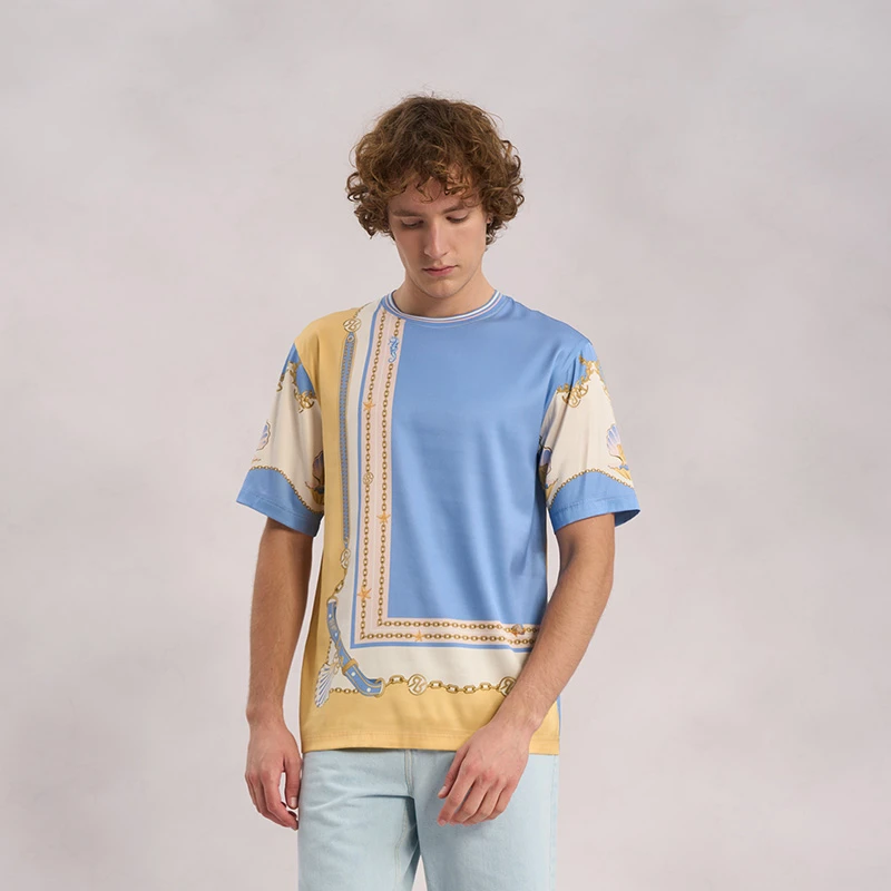 RARE威雅男装夏季新款真丝海洋印花圆领短袖T恤